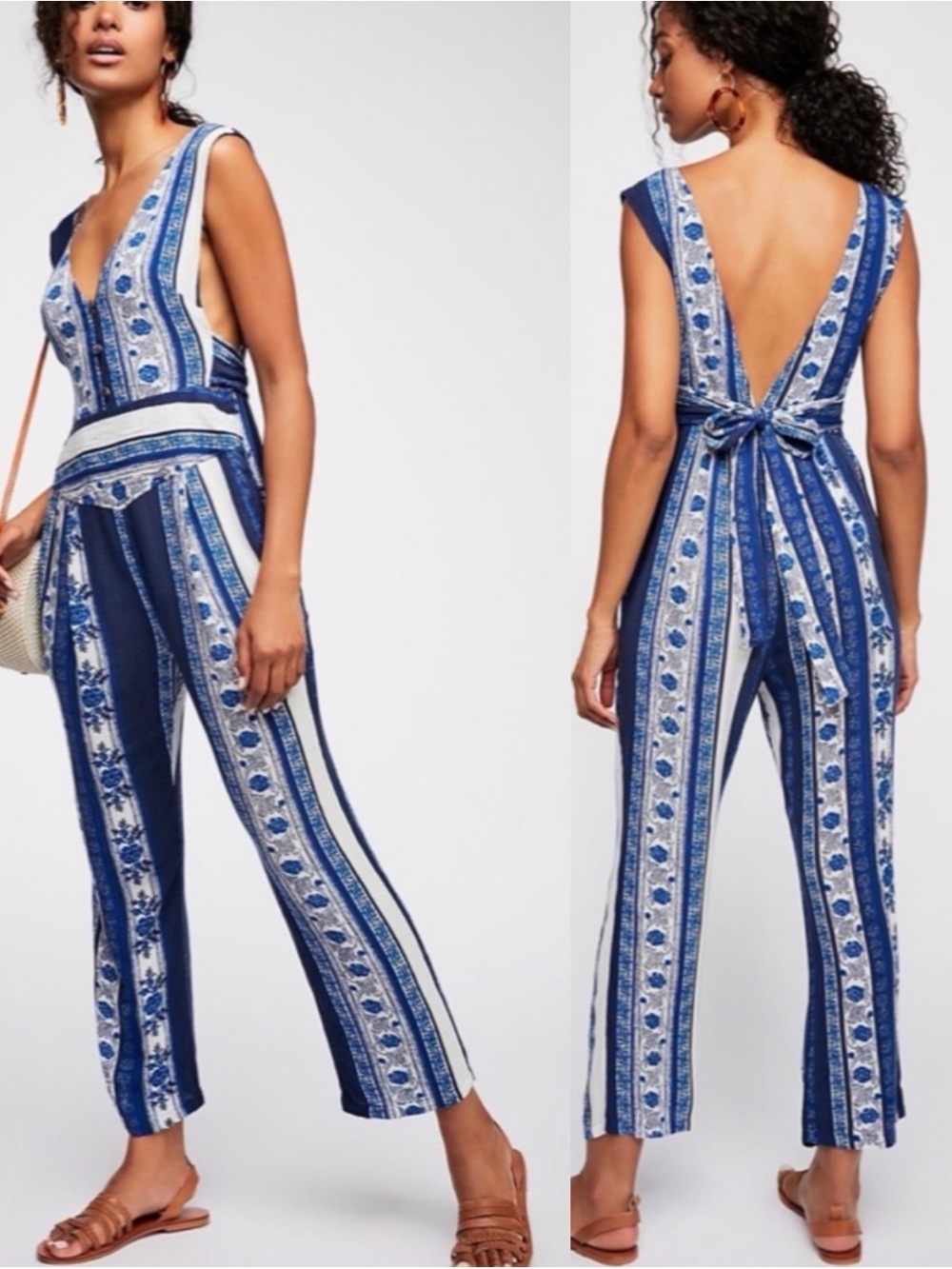 Free People All Shook Up Jumpsuit 8 Blue Boho Wide Leg Tie Back Rayon